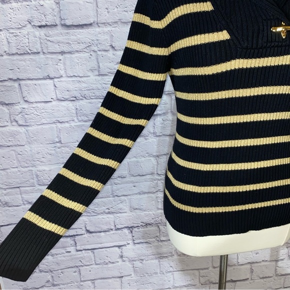 Ralph Lauren Vintage Black Metallic Gold Striped Shawl Collar Gold Clasp Sweater - Picture 6 of 7